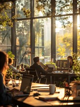 Sunlit co-working space with people and indoor greenery, AI generated