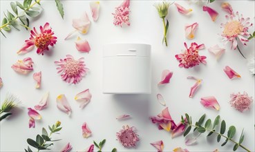 Blank creme jar mockup with scattered flower petals on a white background, beauty in nature AI