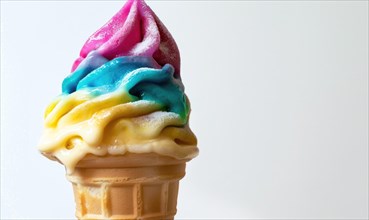 Rainbow-colored ice cream cone on white background AI generated