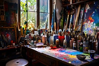 Artists studio cluttered with an array of painting tools paint splatters adorning the walls, AI