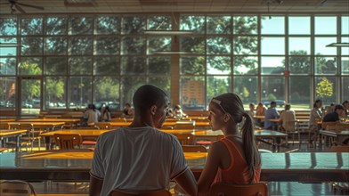 Silhouette of a couple having a conversation in a sunlit university cafeteria, AI generated