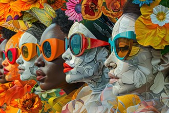 Stylized portrayal of women in sunglasses with a vibrant, floral, and fashionable flair,