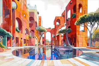 Watercolor depiction of a modern urban plaza with arches and reflective water features in a warm