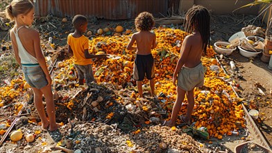 Four children stand around a pile of discarded tropical fruits outdoors, AI generated