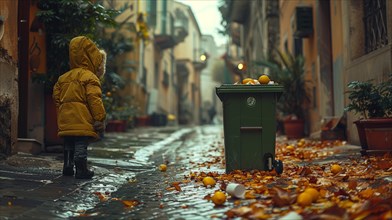 Child in a yellow jacket standing in a cobbled street with scattered oranges and leaves, waste