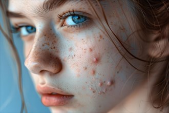 Close up of face of teenager girl with acne skin condition. KI generiert, generiert, AI generated
