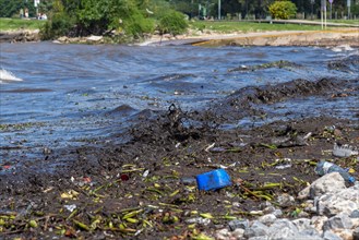 Waste and polluted water, symbolic image of environmental pollution, Rio de la Plata, Buenos Aires,