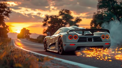 Dynamic image of a sports car emitting sparks on a road at sunset, low ultra wide angle, AI