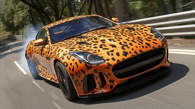 Luxury sports car with leopard print wrap driving on a road, AI generated