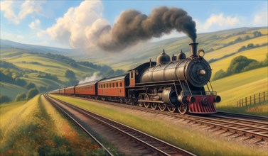 Old-fashioned steam train journeying across countryside landscapes, leaving a trail of smoke, ai