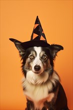 Dog wearing Halloween costume witch hat on orange stduio background. KI generiert, generiert, AI