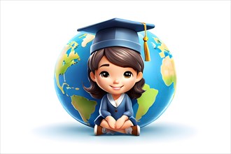 3d vector of a kid gir sitting on a globe and graduation uniform, AI generated