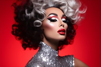 Portrait of drag queen in front of red studio background. KI generiert, generiert, AI generated