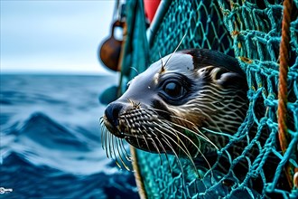 Seal captured in a gleaming silver fisher net as bycatch, AI generated