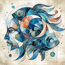 Abstract watercolor of a woman's profile intertwined with fish and geometric shapes, square aspect,