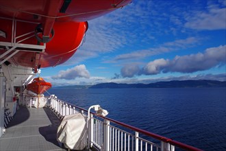 On a Hurtigruten ship, View of lifeboats and coast, Transport, Hurtigruten, Norway, Europe
