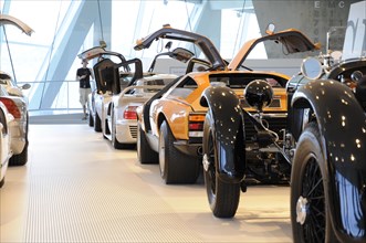 Museum, Mercedes-Benz Museum, Stuttgart, row of Mercedes-Benz sports cars and classic cars with
