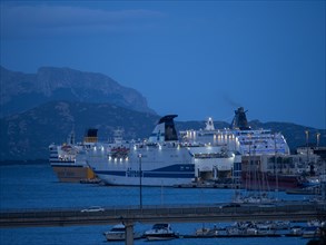 Ferries in the harbour, blue hour, Olbia, Sardinia, Italy, Europe