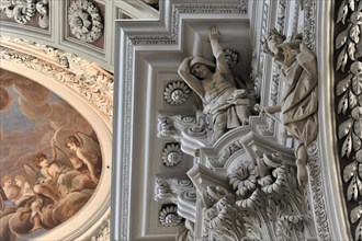 St Stephen's Cathedral, Passau, close-up of an ornate baroque ceiling fresco with stucco angels, St