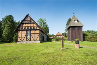 Half-timbered church and free-standing bell tower, Undeloh, Lueneburg Heath, Lower Saxony, Germany,
