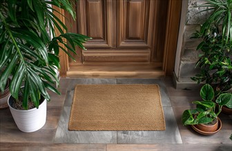Blank welcome mat at custom front door of house. generative AI, AI generated