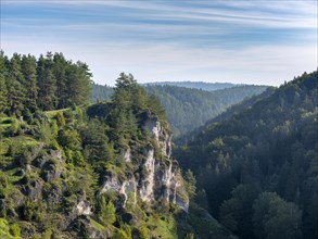 View of the Puettlach valley with rocks and forests near Pottensteind, Franconian Switzerland,