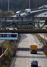 Wuppertal suspension railway crosses the A46 motorway at Sonnborner Kreuz, motorway junction,