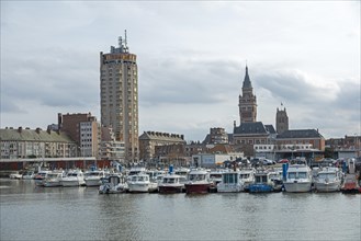 Boats, marina, skyscraper, houses, tower of the Hotel de Ville, town hall, belfry, Dunkirk, France,
