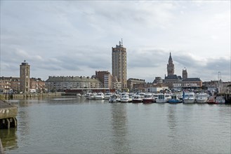 Boats, marina, skyscraper, houses, Tour du Leughenaer, Liar's Tower, Hotel de Ville tower, town
