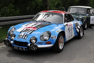 Alpine-Renault A110 1800, built in 1973, A classic blue rally car with red and white stripes and