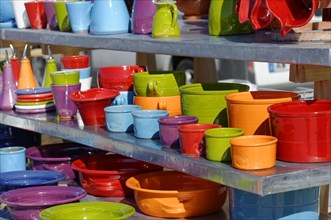 Pottery bowls, pots, Marseille, A stall with a selection of colourful ceramic pots, Marseille,