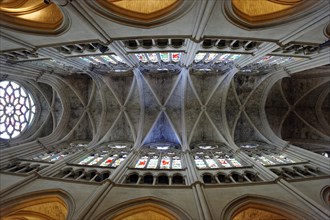 Church of Saint-Vincent-de-Paul, view upwards into the vault of a church with stained glass windows