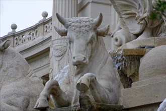 Palais Longchamp, Marseille, close-up of a powerful marble bull sculpture at a fountain, Marseille,