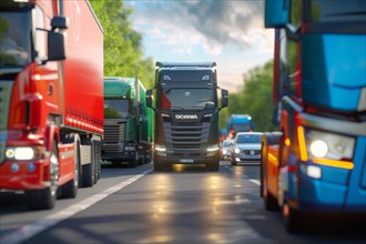 Traffic jam, congested motorway with many lorries and cars without emergency lane, AI generated, AI