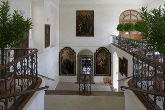 Interior view, staircase, Benedictine monastery Rajhrad, Loucka, Rajhrad, Jihomoravsky kraj, Czech