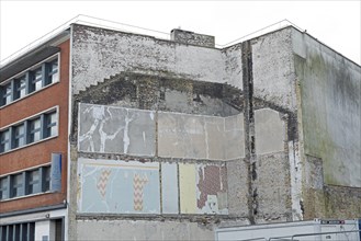 Old wallpaper remnants on wall, demolished house, Dunkirk, France, Europe