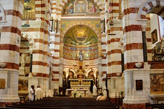 Church of Notre-Dame de la Garde, Marseille, Interior of a church with a view of the altar and the