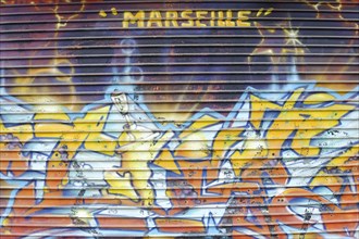 Marseille, Colourful graffiti art with the lettering 'Marseille' on a wall, Marseille, Departement