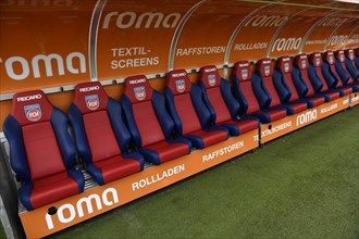 Substitute bench, trainer bench, ROMA logo, Voith Arena, Heidenheim, Baden-Wuerttemberg, Germany,