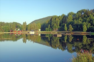 Calm evening mood by a body of water, Old Waterway, Telemark Canal, Telemark, Norway, Europe