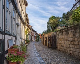 Narrow alley with half-timbered houses and cobblestones on the castle hill in the historic old