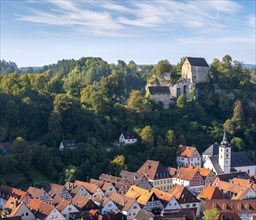 View of Pottenstein with castle, church and half-timbered houses, Townscape, Franconian