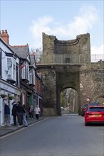 Houses, street, town gate, Conwy, Wales, Great Britain