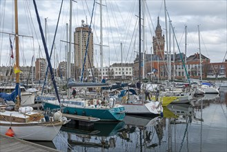 Boats, marina, skyscraper, houses, tower of the Hotel de Ville, town hall, Dunkirk, France, Europe