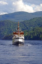 Historic canal boat MS Victoria on the Telemark Canal, mountains and lakes, shipping, historic