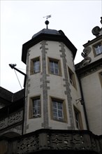 Langenburg Castle, detailed view of a tower with facade details on a historic building, Langenburg