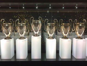 Football stadium Estadio Santiago Bernabeu, Champions League trophies, Real Madrid, Madrid, Spain,