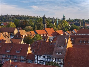 View from the Schlossberg of the roofs of the half-timbered houses and the towers in the historic