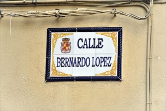 Jaen, ceramic street sign 'Calle Bernardo Lopez' on a wall, Jaen, Andalusia, Spain, Europe