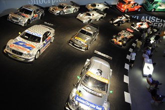 Museum, Mercedes-Benz Museum, Stuttgart, Exhibition of various Mercedes-Benz racing cars in diorama